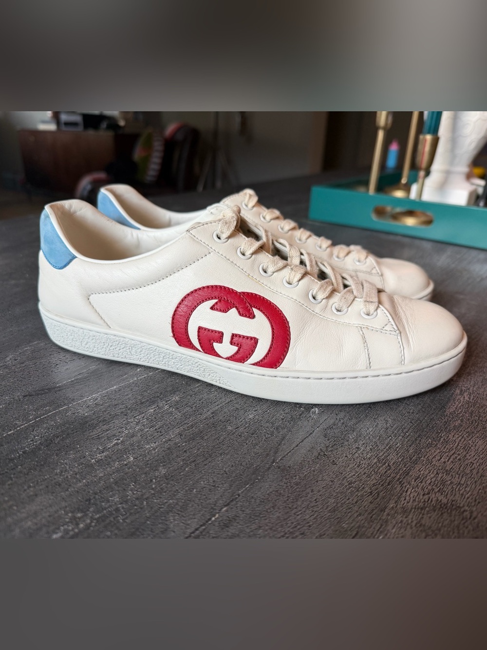 Gucci Cream Leather Ace Sneaker with Red Logo